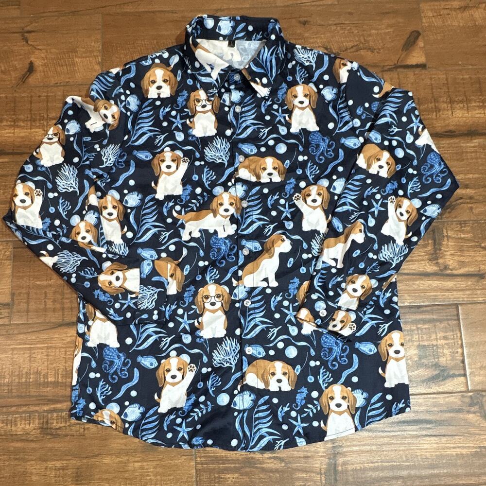 Men's Woven Cotton Button-Up Beagle Dog Graphic Print L